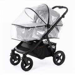 Modern stroller with transparent rain cover safeguarding a baby carrier on white background