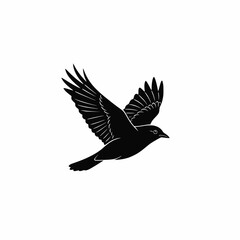 Obraz premium Vector of a single bird flying in the sky, solid dark color (black or navy), no background details, white background,vector style