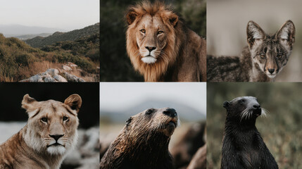 collection of portraits featuring top  wild animals set against minimalistic background with bokeh effects
