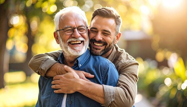 Happy father and son embrace outdoors