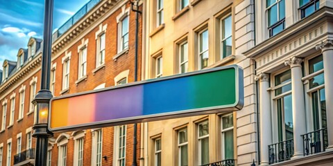 Street sign on building exterior with modern design and sleek lines, featuring a bold font and bright colors, situated near Kensington High Street in London UK , exterior, city street