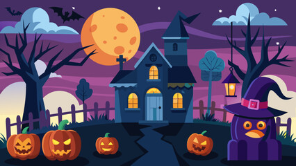 Fototapeta premium Vector art of a charming halloween scene with a haunted house, pumpkins, and a witch in a hat