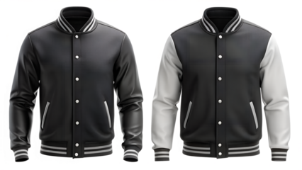 Two varsity jackets black and grey on transparent background
