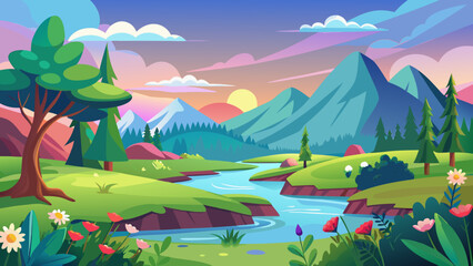 Fototapeta premium Vector art of a vibrant cartoon landscape with a winding river flowing through a valley towards majestic mountains at sunset