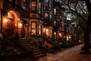 Fototapeta premium Brownstone Buildings Lined Street at Dusk.