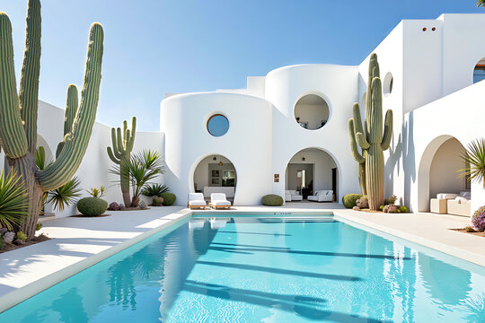 Modern white building in geometric architectural shapes with open circular windows and archways, adorned with several large saguaro cactus and luxury clear swimming pool against fresh sky - Powered by Adobe
