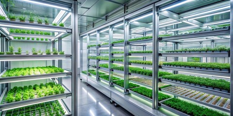Indoor Vertical Farming System with Rows of Lush Greenery Under Artificial Lighting