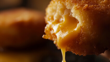 Crispy golden cheese oozing from fried snack, showcasing deliciously gooey interior. texture and color create appetizing visual delight