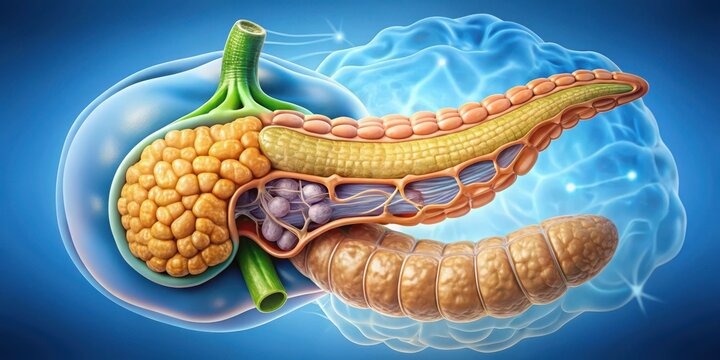 Hyperrealistic illustration of a pancreas with lobulated structure and digestive enzyme production, tissue structure , pancreas