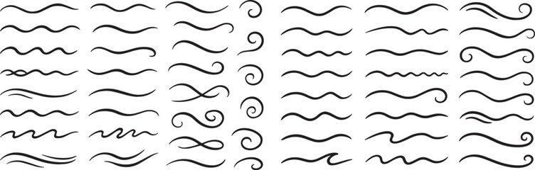 Black decorative flourishes and wavy lines swirl curve
