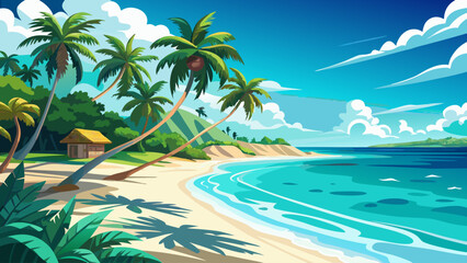 Obraz premium Zanzibar Beach, Tanzania – Powder‑soft white sand curves gently into turquoise sea. Palm fronds sway overhead, casting rhythmic shadows across tropical paradise.