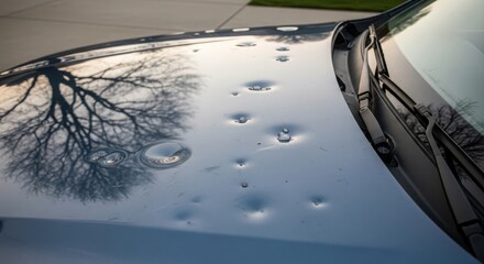 A close-up view of a car hood with multiple dents caused by hail. Water droplets are visible on the surface, reflecting a tree's shadow.