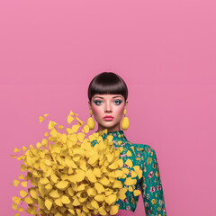 An autumn portrait of a young woman in warm tones, holding a bouquet of yellow leaves, radiating seasonal charm and gentle joy.