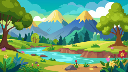 Obraz premium Vector art of a picturesque cartoon landscape showcases snowcapped mountain peaks, rolling hills, and a clear river