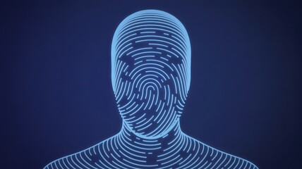 A digital representation of a human figure covered in fingerprint patterns on a dark blue background