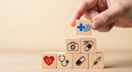 Healthcare Cost Concept: Hand Stacking Wooden Blocks with Medical Icons