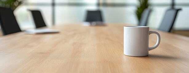 White coffee mug sits on wooden conference table, surrounded by empty chairs, creating calm and professional atmosphere
