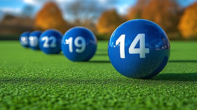 Blue numbered balls on artificial turf.