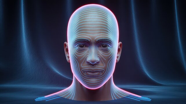 A digital representation of a human face with glowing lines and a futuristic aesthetic design