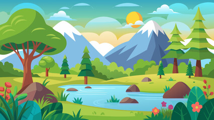 Naklejka premium Vector art of a vibrant cartoon landscape unfolds with majestic snowcapped mountains, a serene river, and lush green trees under a bright sunny sky