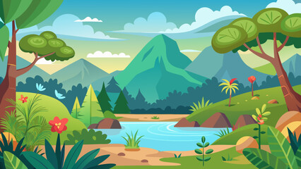 Fototapeta premium Vector art of a charming cartoon landscape presents mountains, a flowing river, and diverse trees in a natural setting