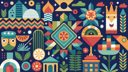 Naklejka premium Vector art of a lively abstract geometric design showcases a rich tapestry of shapes and colors, forming a captivating and contemporary artistic statement