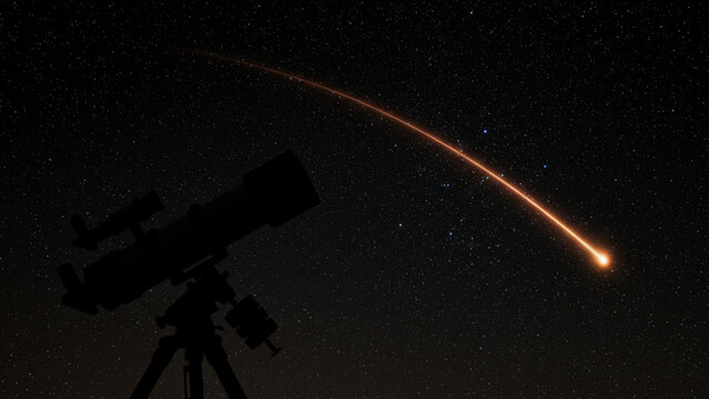 Telescope silhouette under night sky filled with stars and comet trail