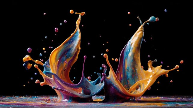 colorful paint splashes frozen in motion against black background