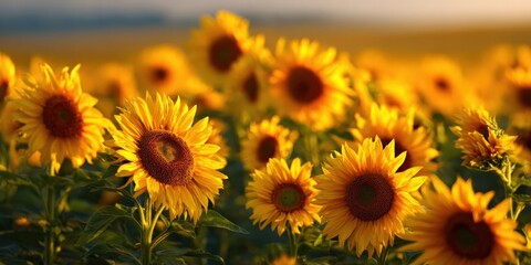Obraz premium Sunflower Field at Sunset with Blooming Yellow Flowers in a Nature Landscape