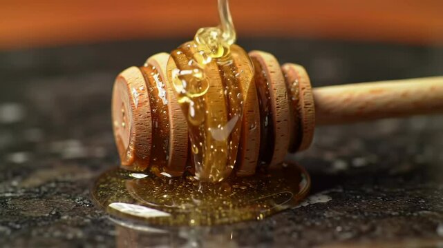 Golden honey dripping from a wooden honey dipper, creating a sweet and viscous pool on a dark countertop surface
