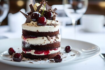 black forest cake with chocolate layers, whipped cream and cherries is a decadent dessert with rich frosting and sweet treat appeal