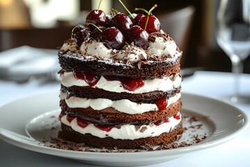 black forest cake with chocolate layers, whipped cream and cherries is a decadent dessert with rich frosting and sweet treat appeal