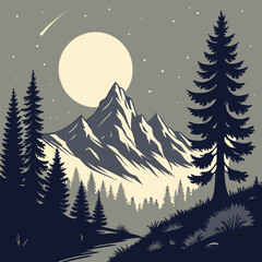 Majestic Mountain Landscape: Night Scene With Moon, Stars, and Pine Trees