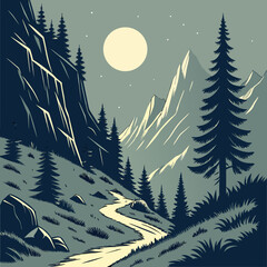 Majestic Mountain Night Scene: Winding Path, Moonlit Peaks, and Evergreen Trees