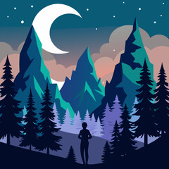 Serene Night Landscape: Silhouette Of Person In Majestic Mountains Under Crescent Moon