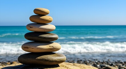 Stone cairn by the sea. Balanced pebble tower on a rocky beach. Concept of harmony, calm, stability, and peace.
