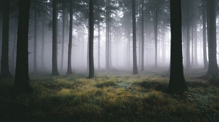 Obraz premium Misty forest with tall trees