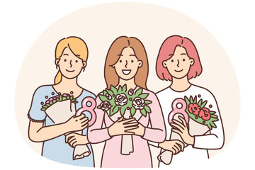 Female with bouquets of flowers presented in honor of International Womens Day and number eight