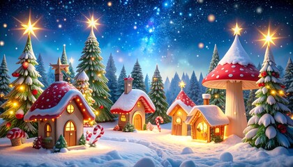 Fototapeta premium Generated image: Magical Christmas Village with Mushroom Houses and Snow