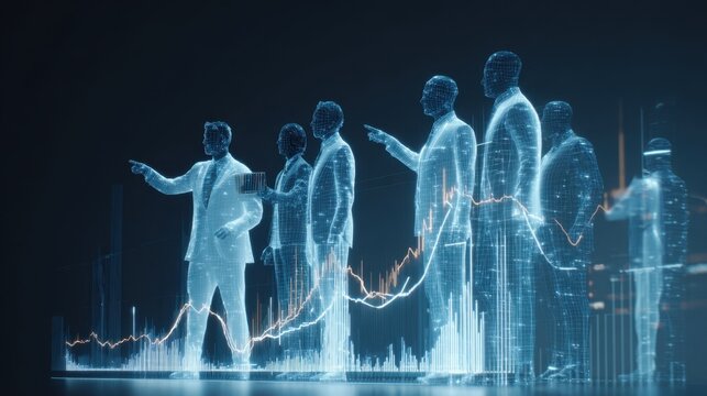 Dynamic animation featuring a group of animated colleagues each contributing unique skills while analyzing data trends highlighting the synergy of teamwork in a technological environment.