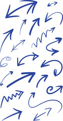 Collection of blue hand drawn arrows pointing in various directions curve