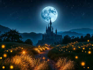 Naklejka premium Mysterious night castle under full moon with glowing fireflies and misty forest in fantasy style. Generative AI