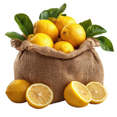 Lemons in jute bag isolated on white background.