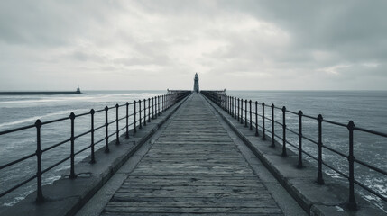Fototapeta premium Dramatic monochrome shot of a pier leading to a lighthouse in the distance.