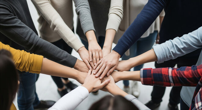 Overhead view of diverse hands layered together, symbolizing unity, teamwork, and collaboration.  Ideal for concepts of partnership and community
