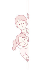 Two colorful animated characters curiously displaying their excitement while peeking around a tall vertical pole