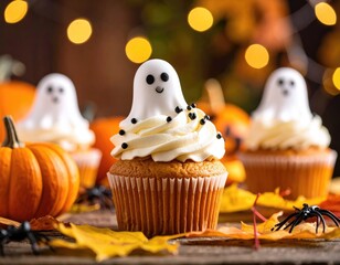 Halloween cupcakes on a wooden table (1)