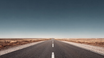 Fototapeta premium A long, straight road leads through an open desert landscape under a clear sky.
