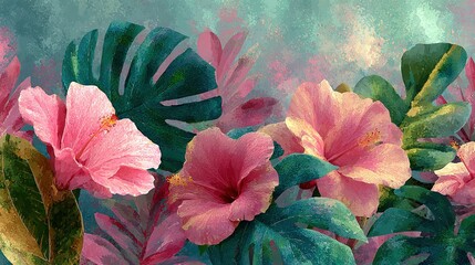 Lush tropical leaves watercolor texture in soft green and pink, organic pattern seamless repeat print design. Botanical foliage wallpaper background