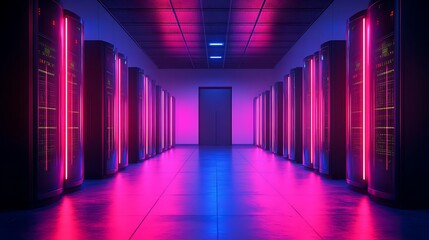 Server room lit with vibrant neon lights.